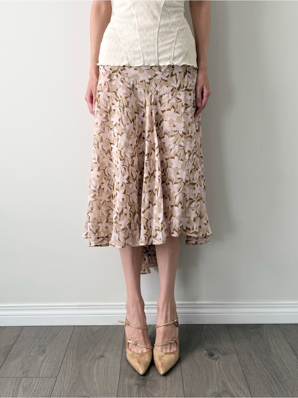 Nought 100% silk floral midi skirt